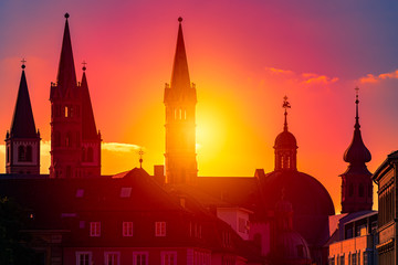 Sunset over city of Wurzburg in Bavaria, Germany