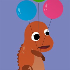 Illustration of Orange Dinosaurs Carrying Balloons Cartoon, Cute Funny Character, Flat Design