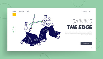 Oriental Tradition, Ancient Warriors or Actors Landing Page Template.Samurai Male Characters Wearing Traditional Japanese Clothing Fighting on Katana Swords. Linear People Vector Illustration