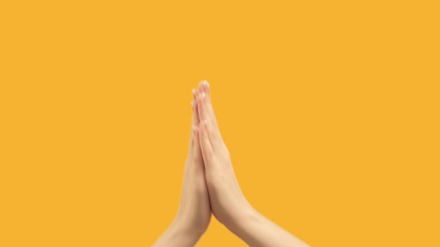 Set of 5 gesture templates. Woman hands zooming out empty space clapping isolated on orange background.