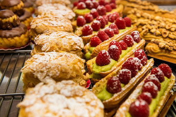 Close up various french pastry desserts