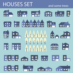 Suburban houses set. Houses exterior flat design front view with roof and some trees. Collection of houses icons Vector Illustration