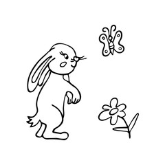 A rabbit stands on its hind legs and catches a butterfly, a flower grows nearby. Drawn by a black line. Vector illustration. Decoration. Coloring. Hare is a wild animal. Isolated white background.