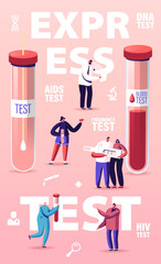 Express Blood Test Concept. Tiny Characters at Huge Glass Flasks. People Give Blood for Detection of Pregnancy and Diseases, Hiv, Aids, Dna, Covid 19 Poster Banner Flyer. Cartoon Vector Illustration - obrazy, fototapety, plakaty