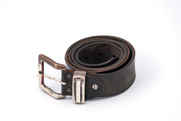 Shabby worn Black Mens Leather Belt with a metal buckle on white background