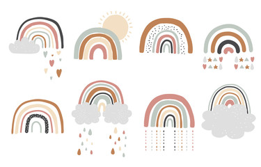 Doodle rainbow object set with sun,cloud,rain. illustration for logo,sticker,postcard,birthday invitation.Editable element