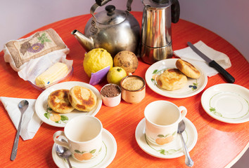 breakfast with cocoa powder and fried bakes
