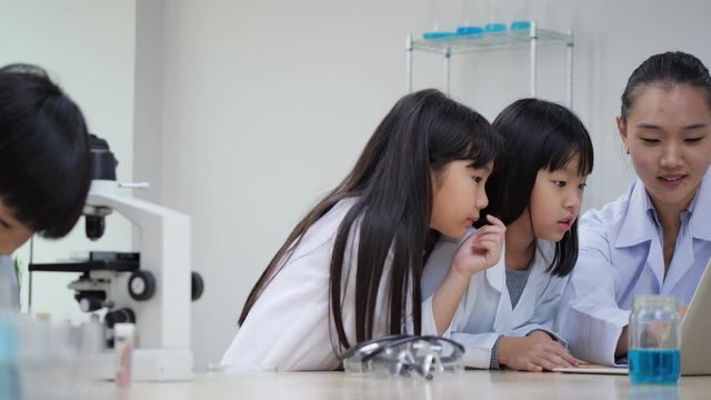 Asian children or student viewing object very small with microscope in classroom at modern laboratory. Schoolboy and Schoolgirl studies subject science. Concept of education, science, technology.
