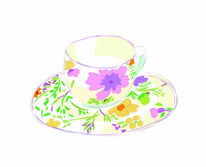 cup of tea. cup saucer illustration. flower cup sketch.afternoon tea illustration.home item on table. cup drawing.