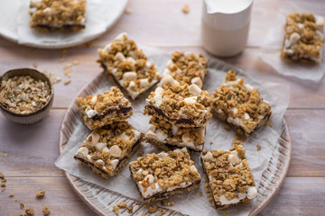 Granola marshmallow bars with rolled oats and chocolate