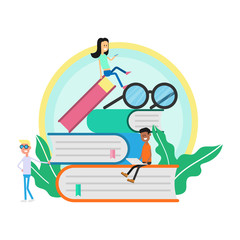 Group Of Young People using gadget like laptop and smartphones for reading or studying on the stack giant of books flat design cartoon vector