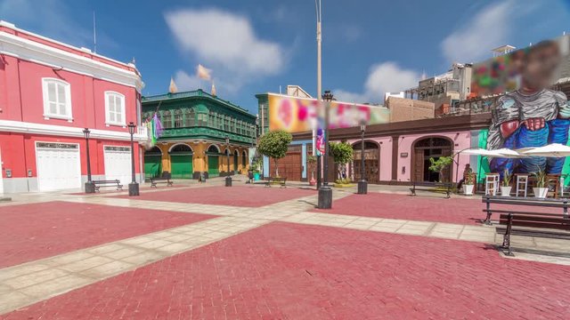 Monumental Callao is one of the new fashion areas near Lima timelapse hyperlapse. Street with colorful houses and restaurants. Lima Peru.