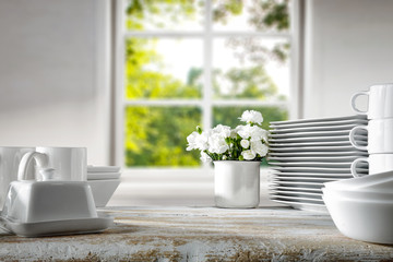 Desk of free space and blurred window sill in home interior 