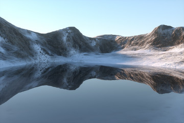 Snow mountains and lake, natural background, 3d rendering.
