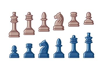 Set of flat chess piece icons isolated on white background. Board game. Black silhouettes. Vector illustration.