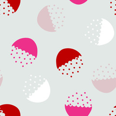 Seamless vector pattern with halved circles and dots on grey background. Light blue wallpaper design with abstract spotted bowls. Ideal for textile fashion.