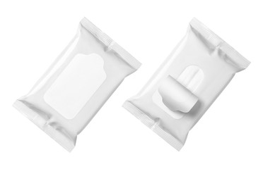 Blank wet wipes flow packs, isolated on white background