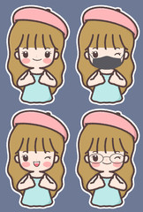 Long hair girl. Cute cartoon wearing protective mask.
