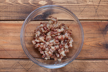 Step by step preparation of salted herring paste, step 2 - grinding salted herring, top view, horizontal