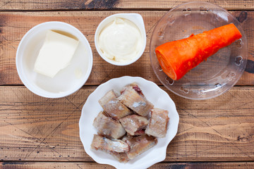 Step-by-step preparation of salted herring paste, step 1 - preparation of ingredients, top view, horizontal
