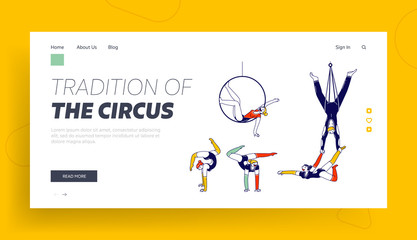 Obraz na płótnie Canvas Gymnast Characters Performing Rhythmic Gymnastics Elements Landing Page Template. Girls and Man Wearing Costumes Dancing on Circus Stage or Sports Competition. Linear People Vector Illustration