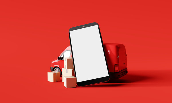Smartphone blank screen with delivery van on red background. 3d rendering
