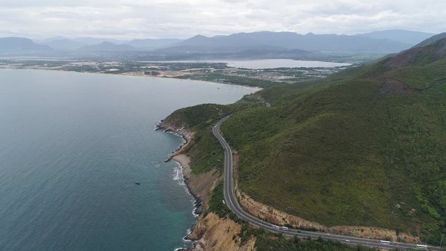 Cam Ranh Bay, Khanh Hoa, Vietnam. View from Cu Hin mountain pass, connecting Nha Trang city with Cam Ranh International Airport. An ideal spot to enjoy the landscape of the sea and the mountain