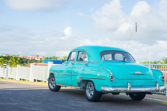 Close-up of blue car in Cuba