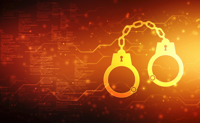 2d illustration Cyber Security concept: Handcuffs icon on digital background, Cyber crime concept, Jail, Crime. 