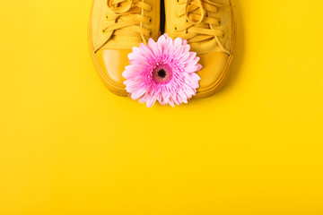 Pair of yellow sneakers and pink gerbera flower on yellow background. Spring summer fashion concept