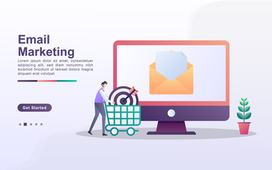 Email Marketing illustration concept with tiny people. Businessman targeting sales, marketing via email.