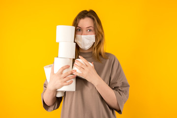 Woman isolated holding a lot of paper in quarantine time