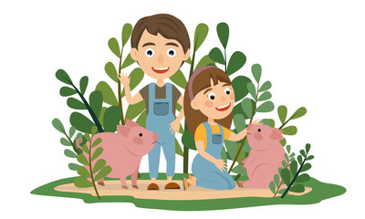 A boy and a girl in denim overalls are playing with two cute pink pigs. Poultry in the tall grass. Children's vector illustration