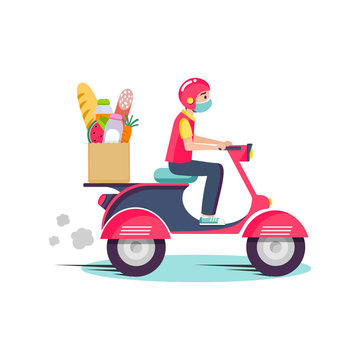 Online food delivery service , online order tracking, delivery home and office. Scooter delivery. Shipping. Man on the bike. Vector illustration
