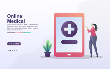 Digital illustration concept with tiny people. Women are consulting online, checking health with a mobile phone.