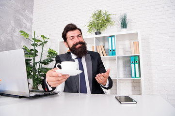 Good morning. Discuss business over coffee. Respectable ceo. Man handsome boss sit in office...