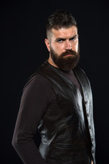 Man confident and brutal style black background. Barbershop concept. Grow mustache. Fashion model....