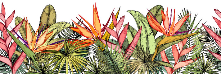 Seamless border with tropical palm leaves, exotic heliconia and strelitzia flowers. - obrazy, fototapety, plakaty