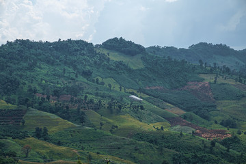 Fototapeta premium Hill tribe corn plantations and forests during the rainy season in northern Thailand