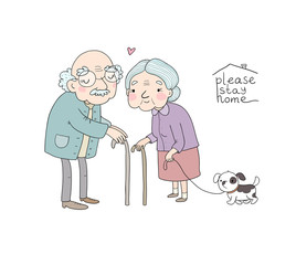 Happy senior couple. Grandmother and grandfather walk with a dog. Lettering Please stay home