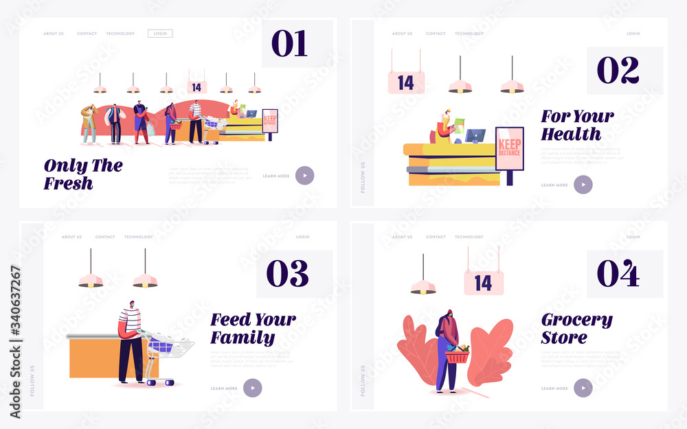 Poster queue in grocery landing page template set. customers characters in medical masks stand in line with