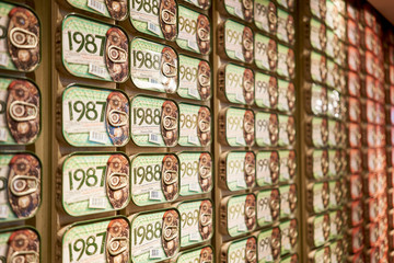 Lisbon / Portugal - OCT 16 2019 : Picture of sardines boxes taking at The Fantastic World Of Portuguese Sardines shop in Lisbon.