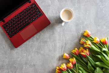 bouquet of tulips at the computer