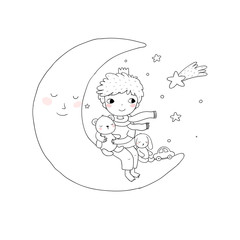 The little prince is sitting on the moon. Cute cartoon kid with toys. A boy with a teddy bear and a bunny. Time to sleep.