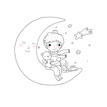 The little prince is sitting on the moon. Cute cartoon kid with toys. A boy with a teddy bear and a bunny. Time to sleep.