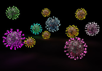 3d illustration of coronavirus covid 10 viruses in different colors detailed render on black background