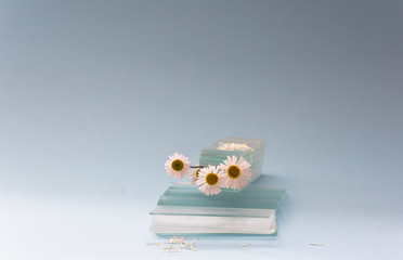 Margaritas en un improvisado jarrón de cristal sobre fondo azul