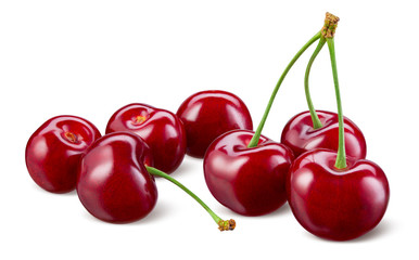 Cherry isolated. Cherries on white background. Sour cherry on white. Cherri with clipping path....