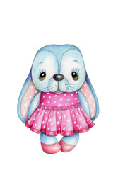 Cute bunny rabbit hare girl in pink dress, isolated. Hand drawn illustration.