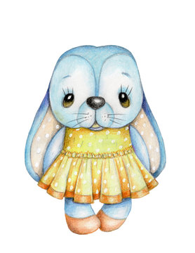 Watercolor cute cartoon bunny rabbit girl in yellow. Isolated.